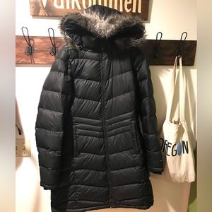 Columbia long down jacket with removable faux fur hood.